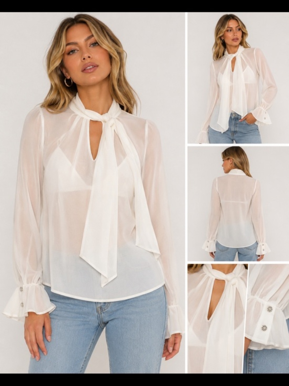 Bisou Bisou Size M Sheer White Tie Neck Ruffle Cuff Blouse Y2K